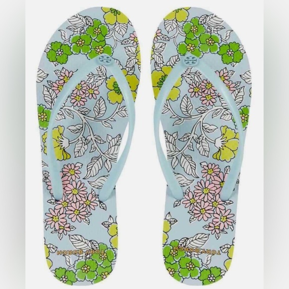 Tory Burch Blue Eyes Wallpaper Floral Flip Flops Brand New - Picture 1 of 8